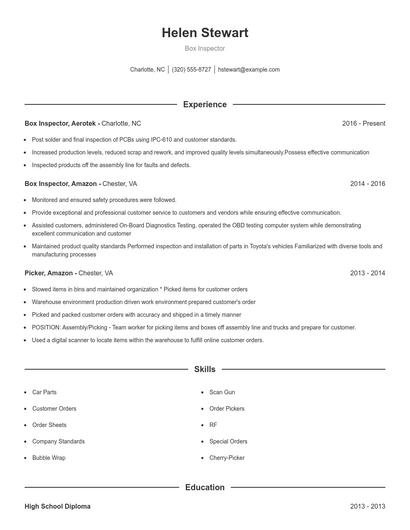 Box Inspector Resume