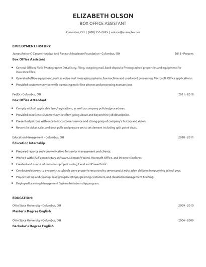 Box Office Assistant Resume