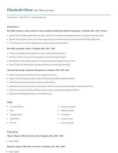 Box Office Assistant Resume
