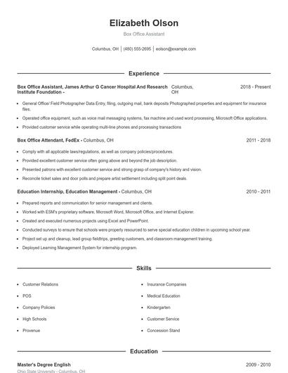 Box Office Assistant Resume