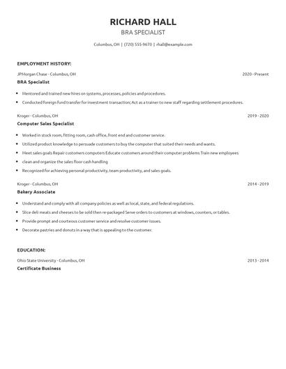 BRA Specialist Resume
