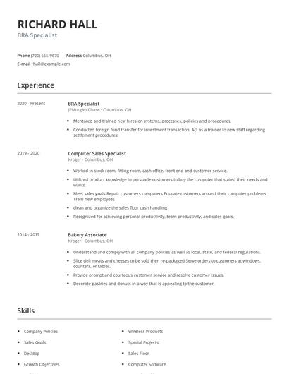 BRA Specialist Resume