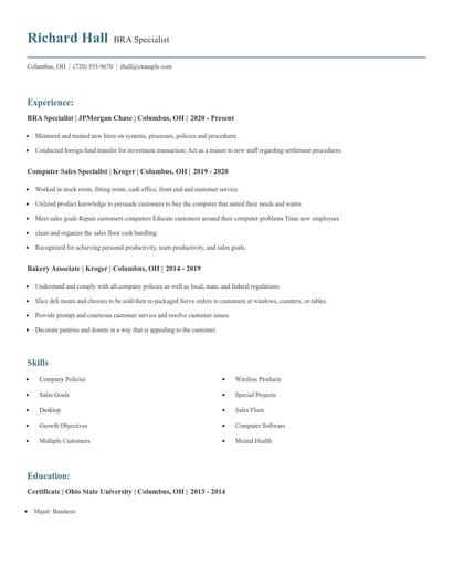 BRA Specialist Resume
