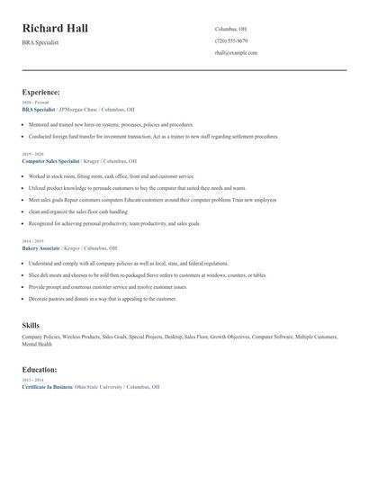 BRA Specialist Resume