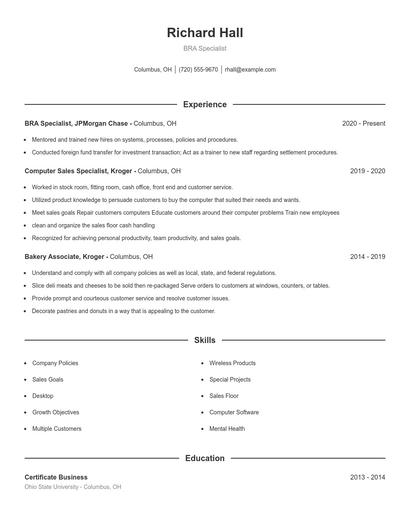 BRA Specialist Resume