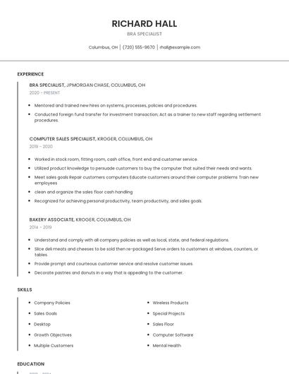 BRA Specialist Resume