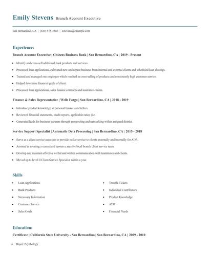 Branch Account Executive Resume