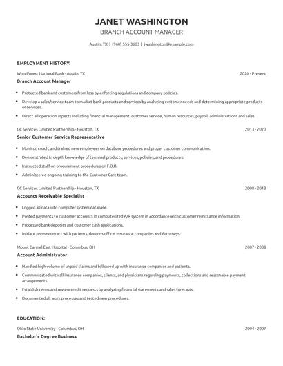 Branch Account Manager Resume