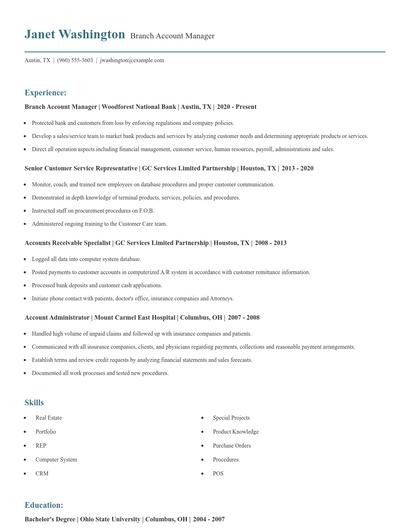 Branch Account Manager Resume