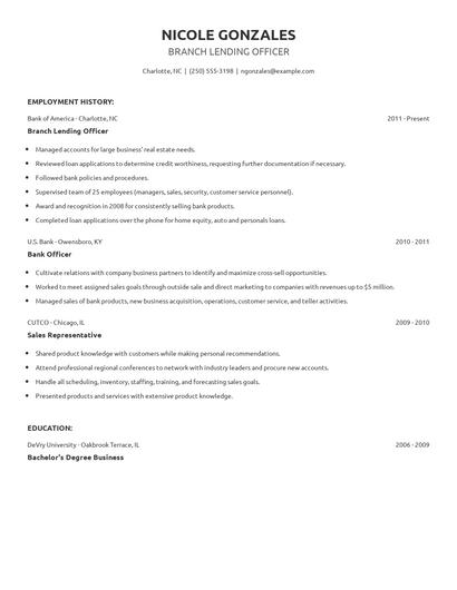 Branch Lending Officer Resume