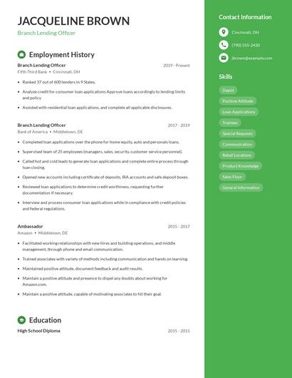 Branch Lending Officer Resume