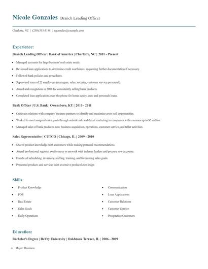 Branch Lending Officer Resume