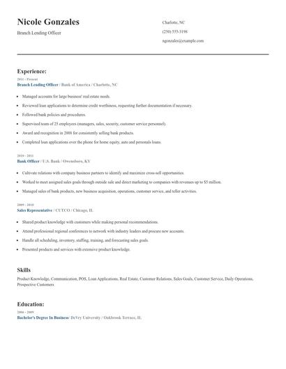 Branch Lending Officer Resume