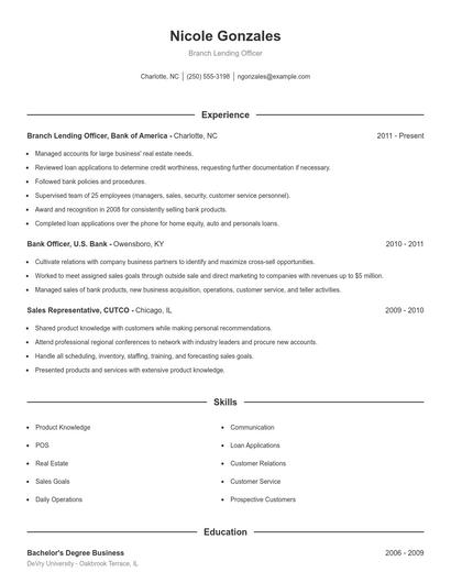 Branch Lending Officer Resume