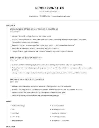 Branch Lending Officer Resume