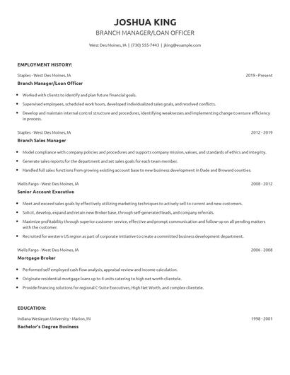Branch Manager/Loan Officer Resume