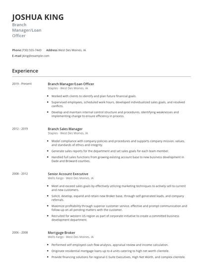 Branch Manager/Loan Officer Resume
