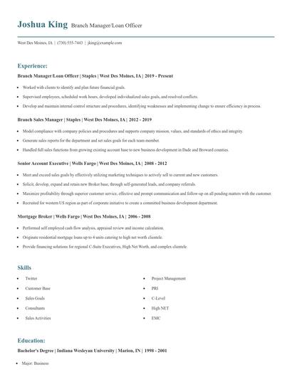 Branch Manager/Loan Officer Resume