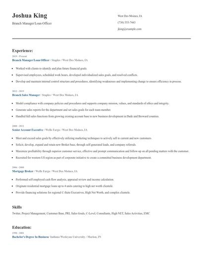 Branch Manager/Loan Officer Resume