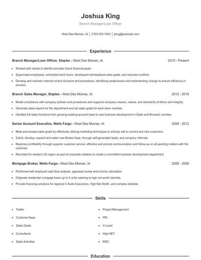 Branch Manager/Loan Officer Resume