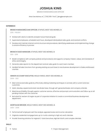 Branch Manager/Loan Officer Resume