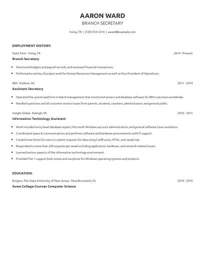 Branch Secretary Resume