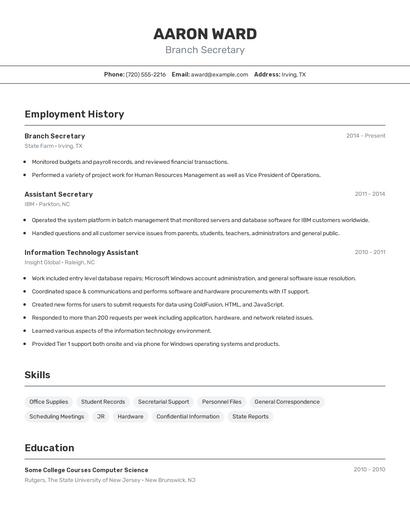Branch Secretary Resume
