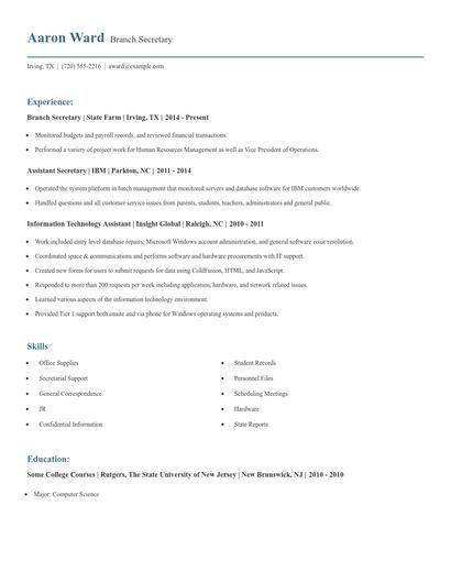 Branch Secretary Resume