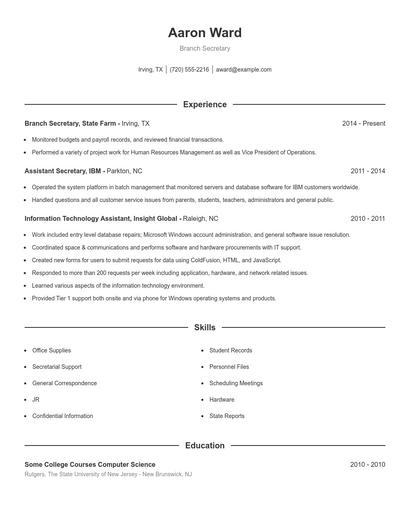 Branch Secretary Resume