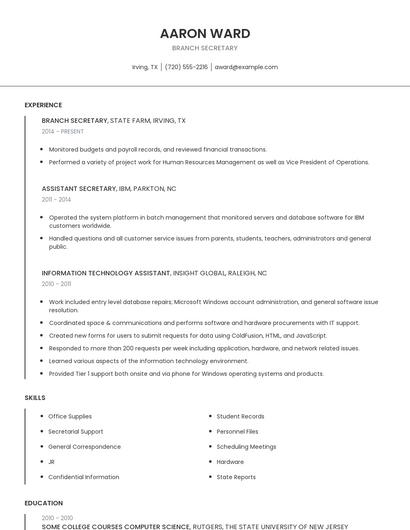 Branch Secretary Resume