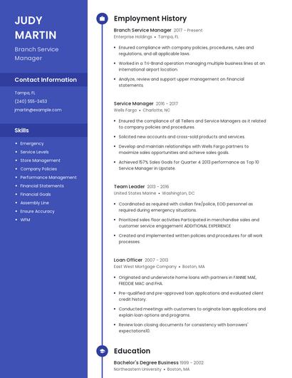 Branch Service Manager Resume