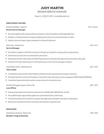 Branch Service Manager Resume