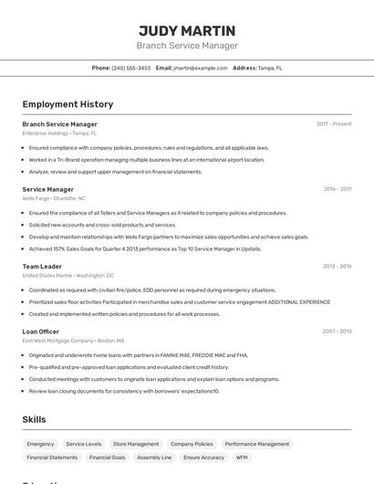 Branch Service Manager Resume