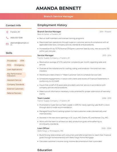 Branch Service Manager Resume