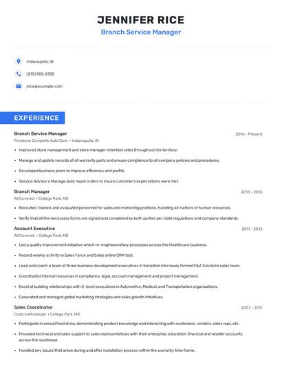 Branch Service Manager Resume