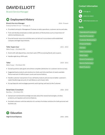 Branch Service Manager Resume