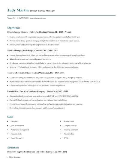Branch Service Manager Resume