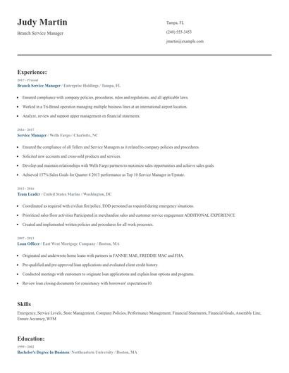 Branch Service Manager Resume