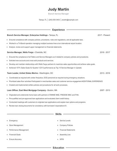 Branch Service Manager Resume