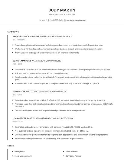 Branch Service Manager Resume