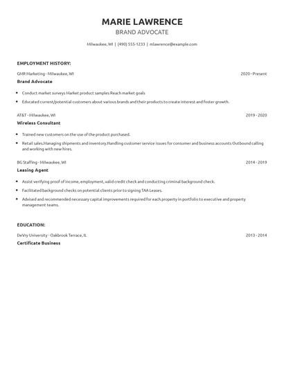 Brand Advocate Resume