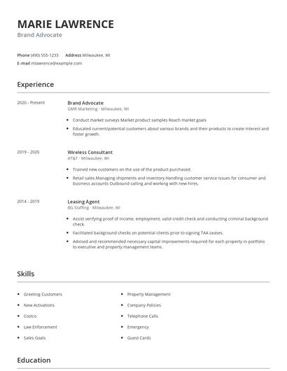 Brand Advocate Resume