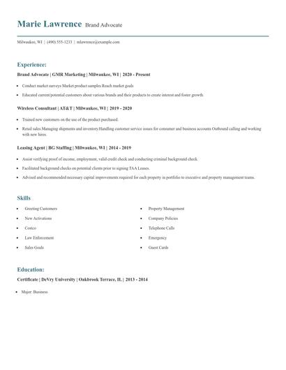 Brand Advocate Resume