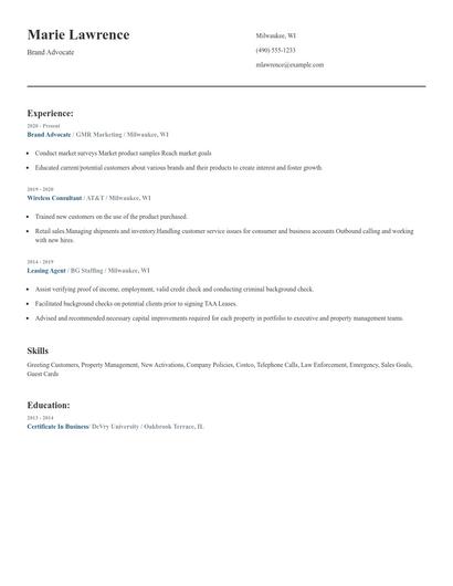 Brand Advocate Resume