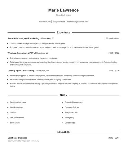 Brand Advocate Resume