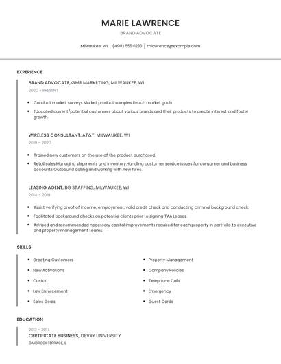 Brand Advocate Resume