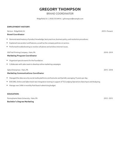 Brand Coordinator Resume