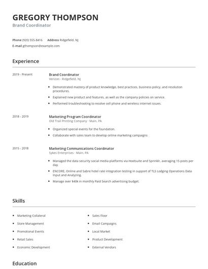 Brand Coordinator Resume