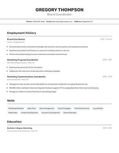 Brand Coordinator Resume