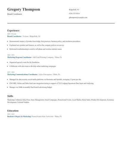 Brand Coordinator Resume